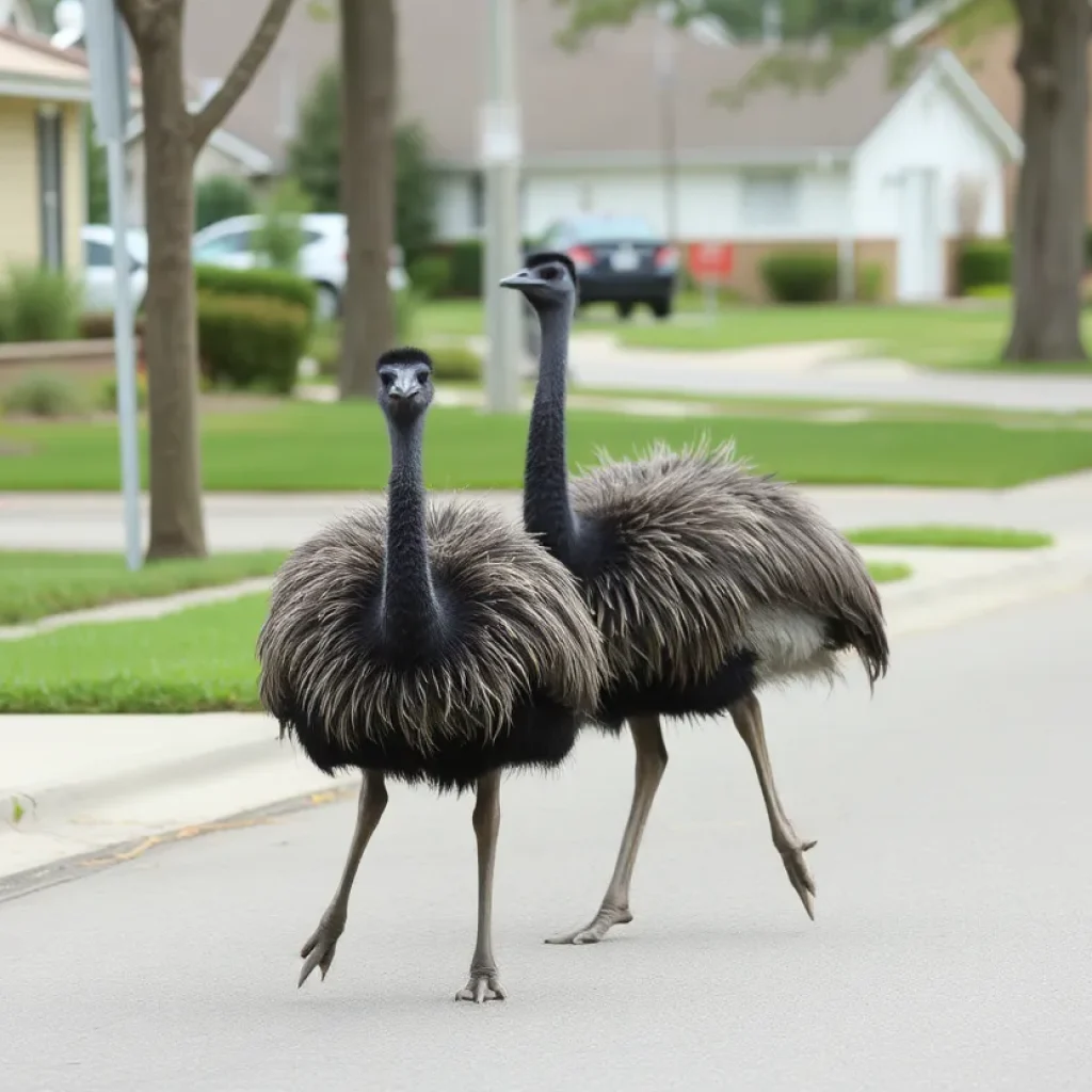 Playful emus wandering through suburban neighborhood streets.