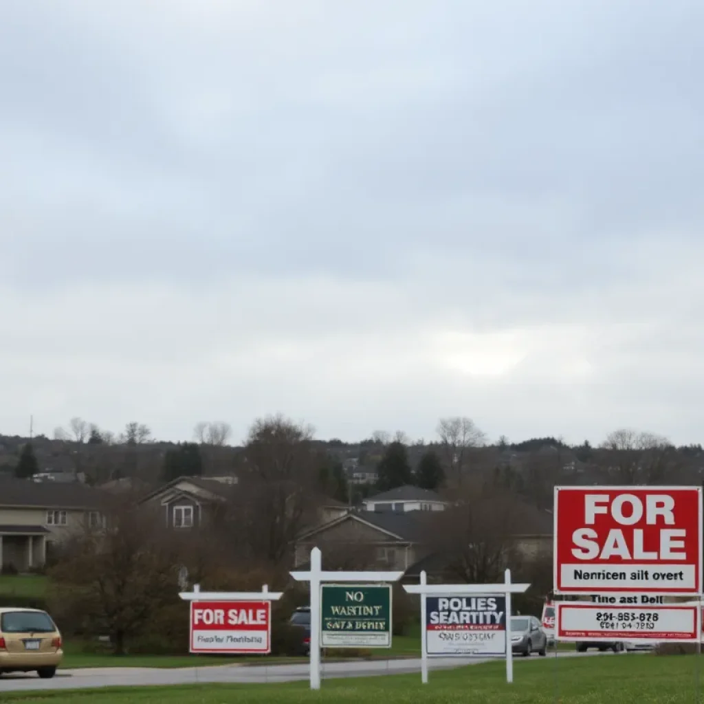 Overcast suburban landscape with "For Sale" signs.