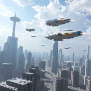 Futuristic cityscape with flying vehicles in the sky.