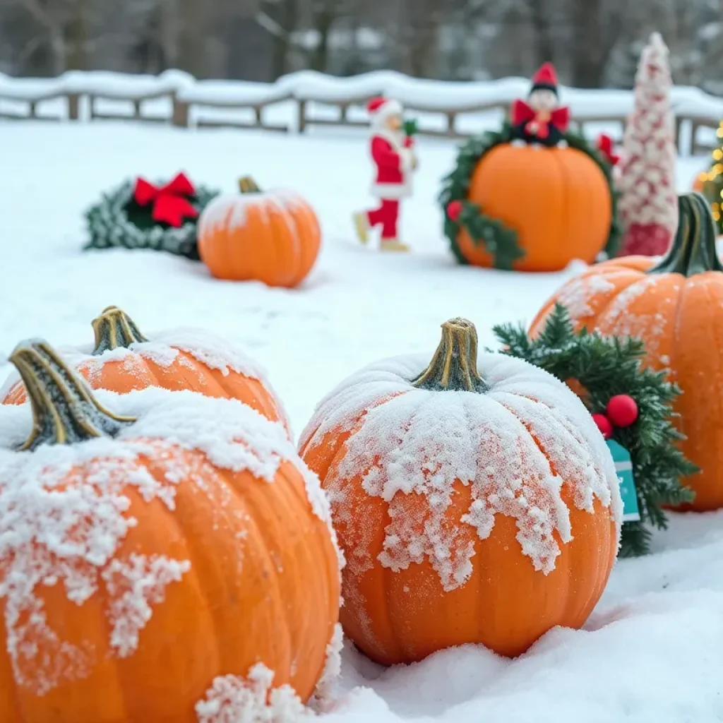 Frozen pumpkins and holiday decorations in a wintry landscape.