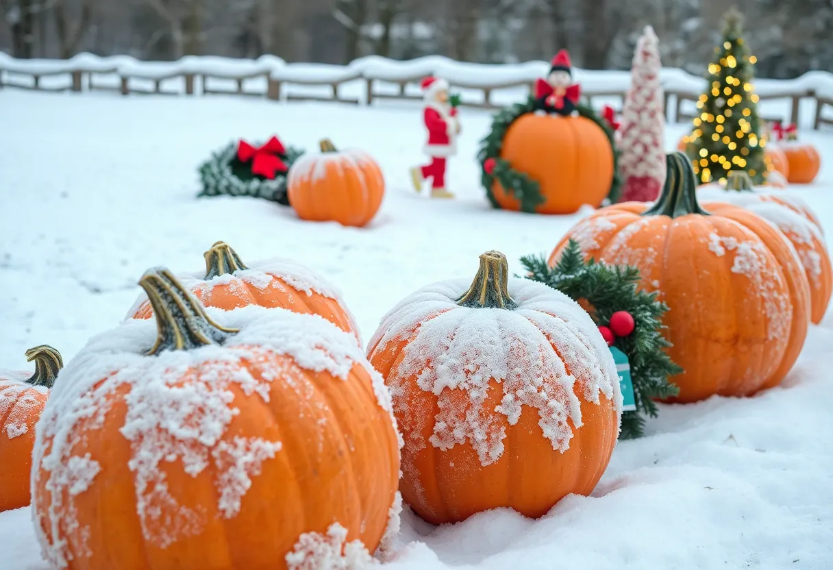 Frozen pumpkins and holiday decorations in a wintry landscape.