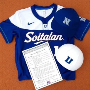 Softball gear with university logo and commitment document.