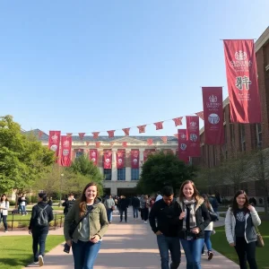 University campus with festive banners and smiling students.