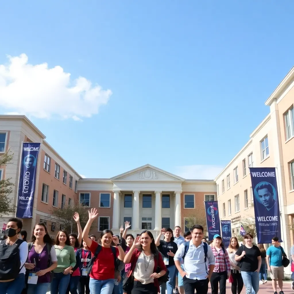 College campus with enthusiastic students and welcoming banners.