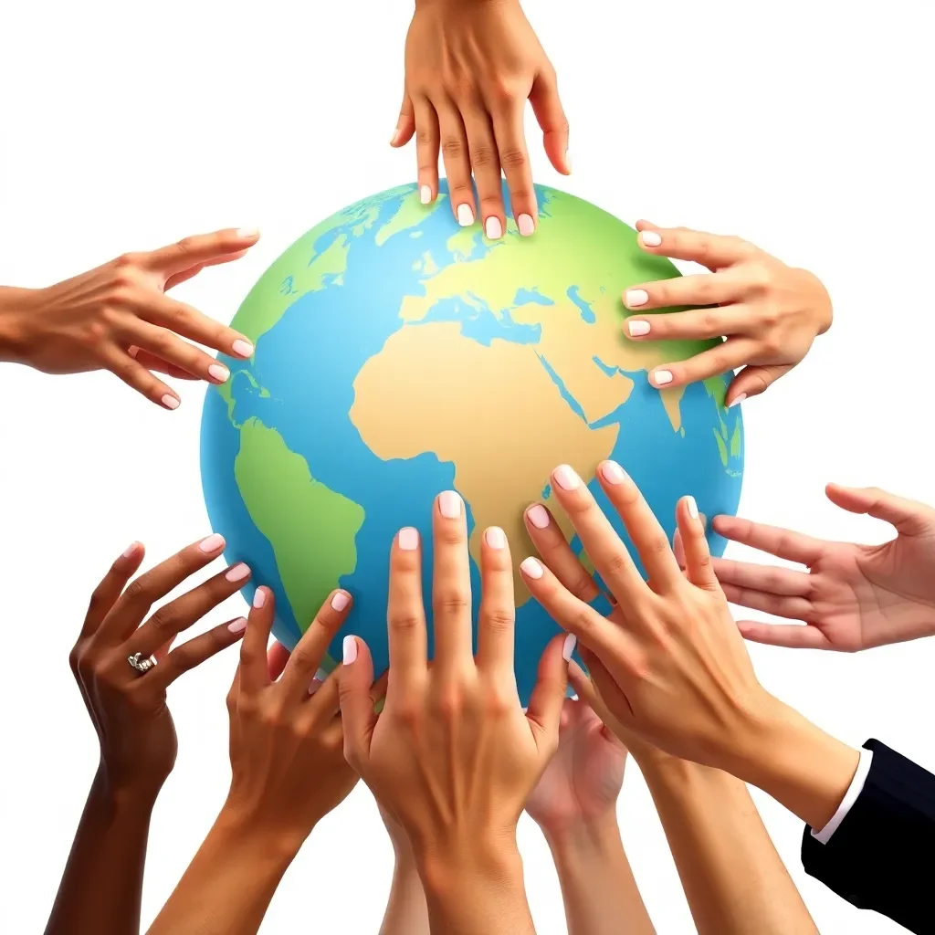 Global collaboration symbolized by diverse hands joining together.