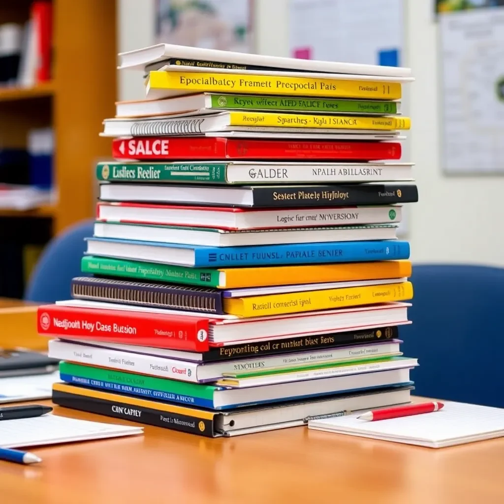 Diverse student applications stacked on a university desk.