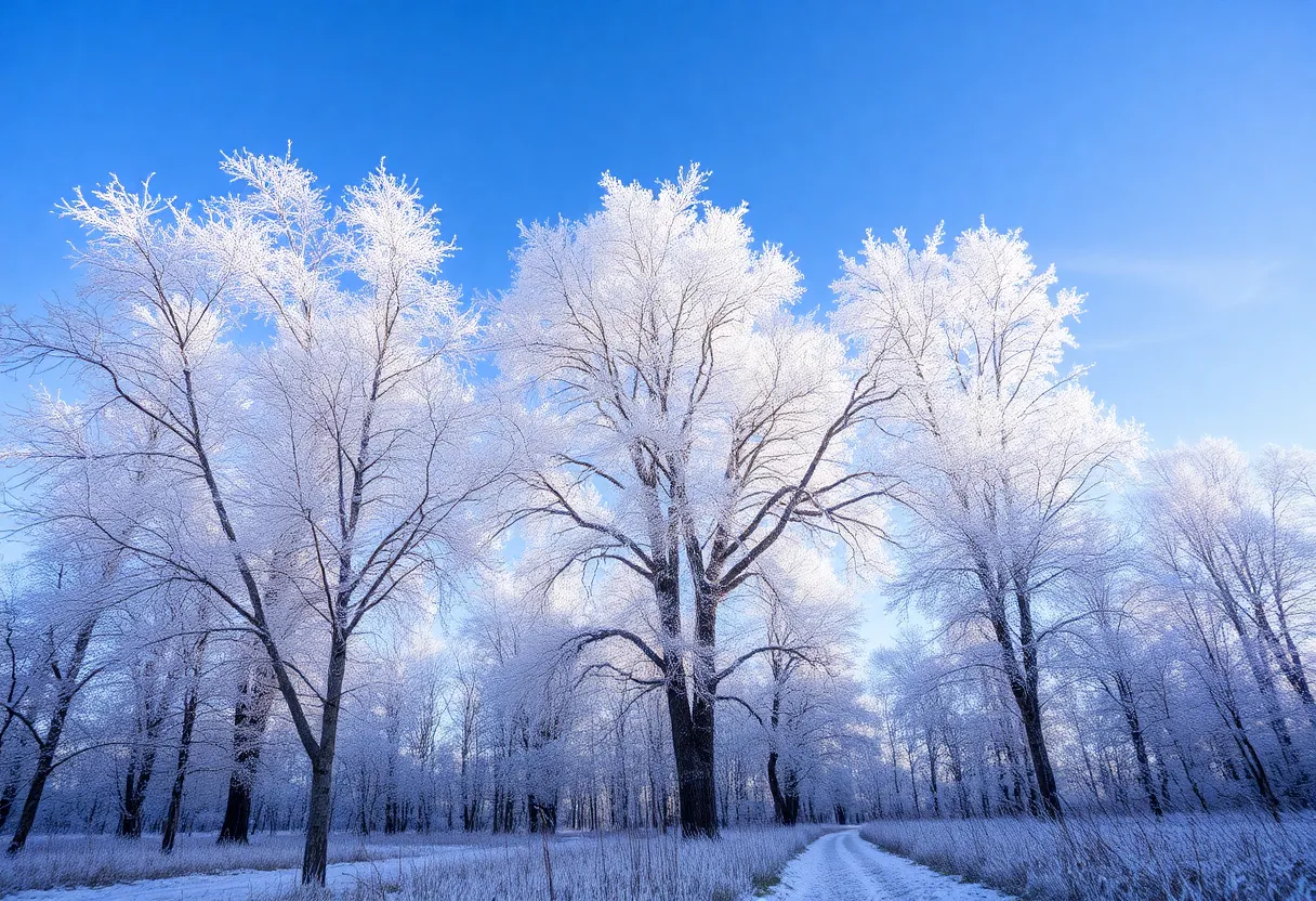 Frost-covered trees under a clear, cold sky.