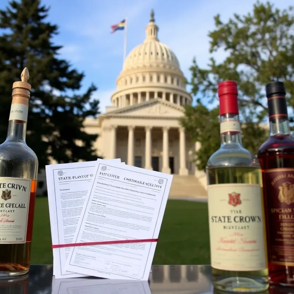 State Capitol building with budget documents and liquor bottles.