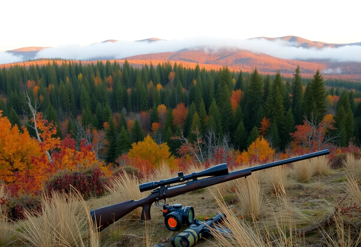 Serene wilderness landscape with autumn foliage and hunting gear.