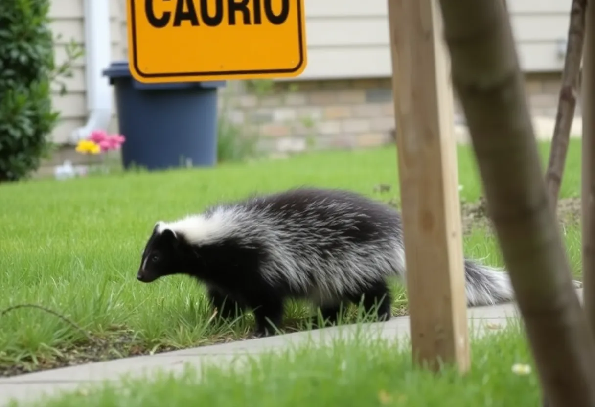 Skunk in a suburban garden under caution sign.