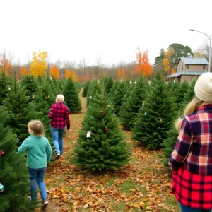 Families selecting Christmas trees at a Lexington farm