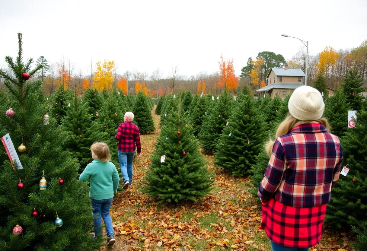 Families selecting Christmas trees at a Lexington farm