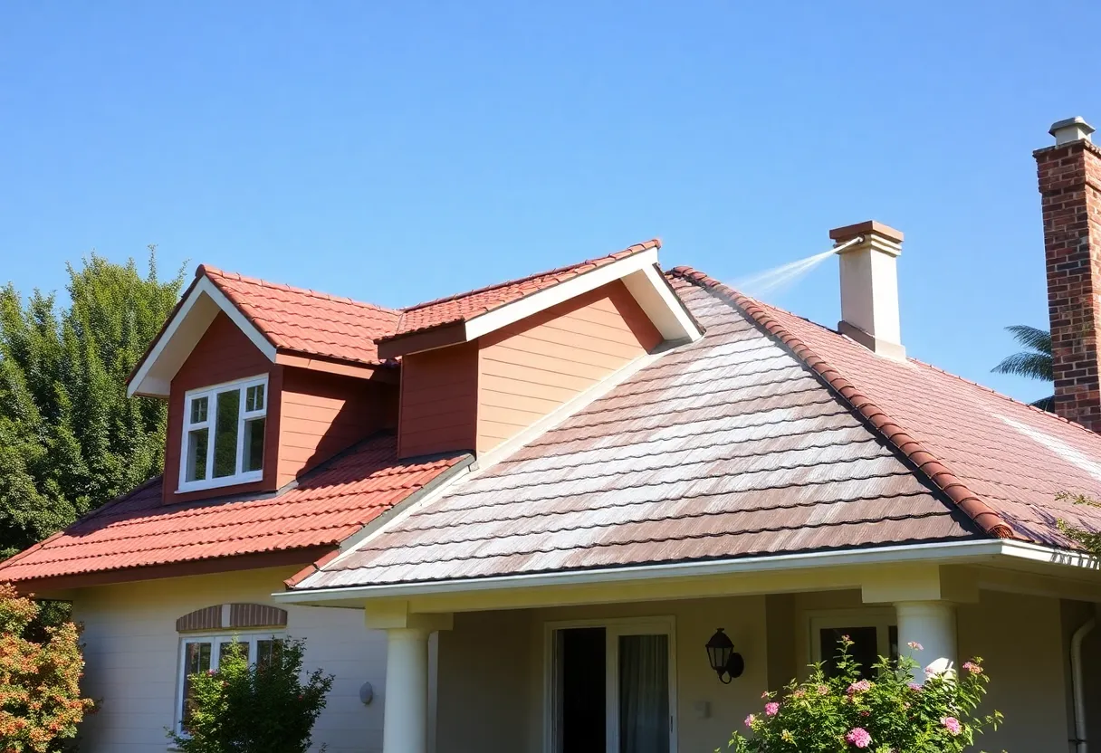 A pristine roof of a home after cleaning with blue sky.