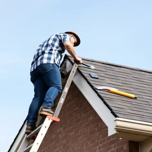 Homeowner replacing roof shingles with tools