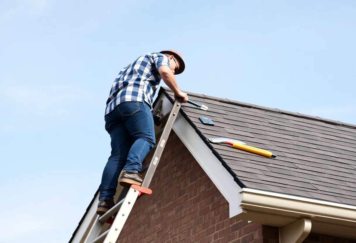 Homeowner replacing roof shingles with tools