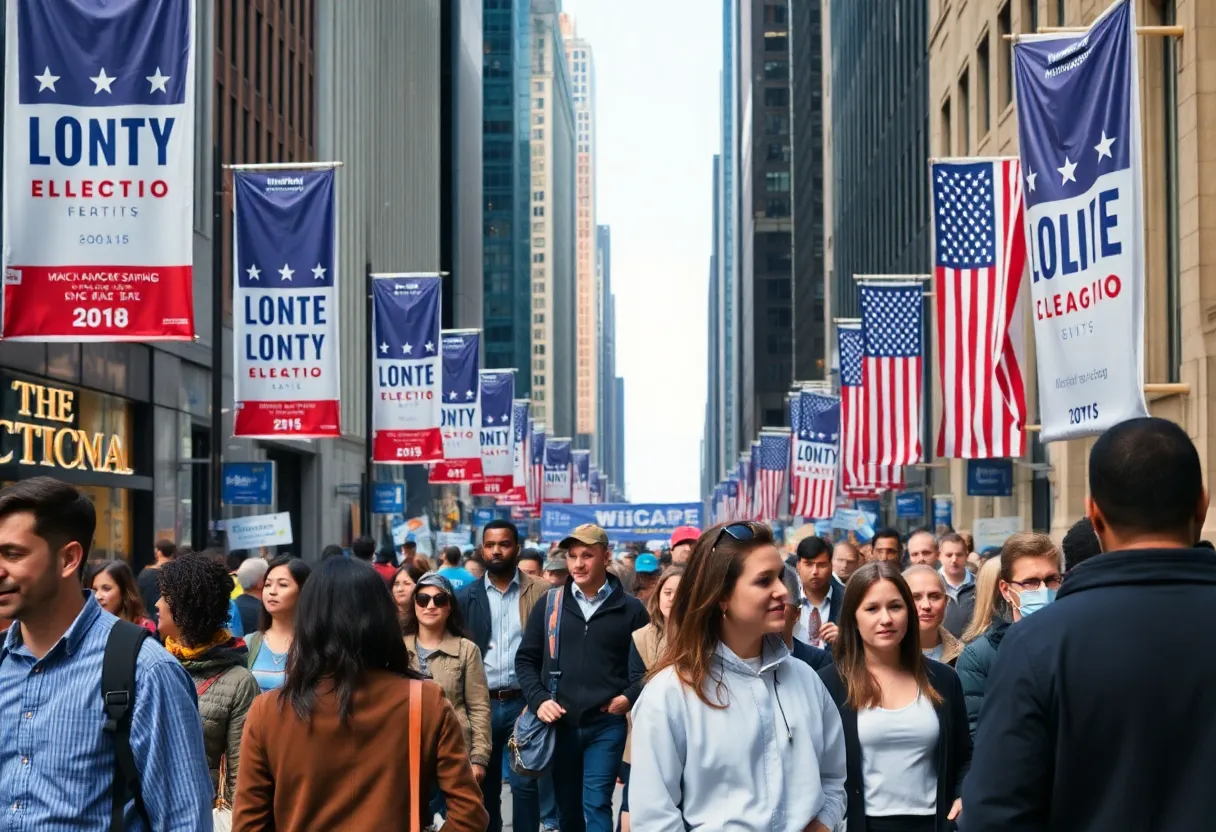 Crowded Chicago streets with election banners and diverse people discussing politics.