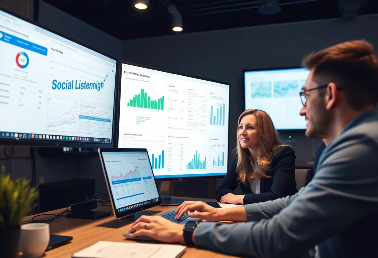Team analyzing social media data for marketing insights