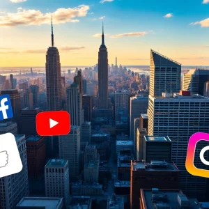 Illustration of social media marketing growth in 2024 with NYC backdrop.