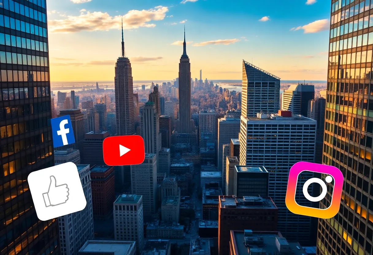 Illustration of social media marketing growth in 2024 with NYC backdrop.