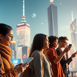 People interacting with futuristic social media interfaces in a vibrant city.