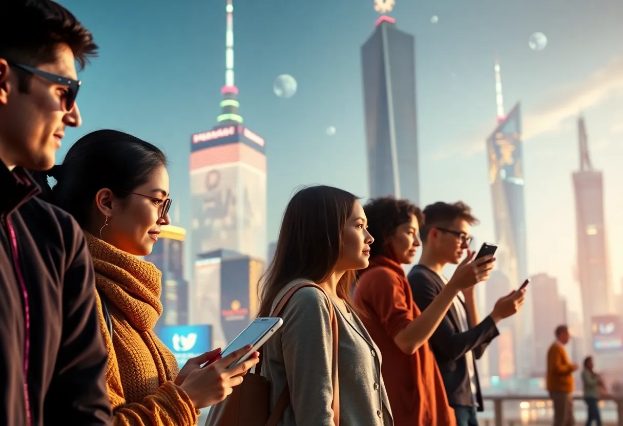 People interacting with futuristic social media interfaces in a vibrant city.