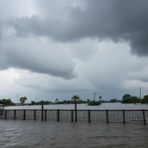 Floodwaters in South Carolina with warning signs.