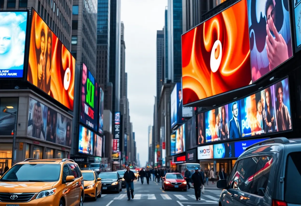 Television advertising billboards on a busy street in New York.