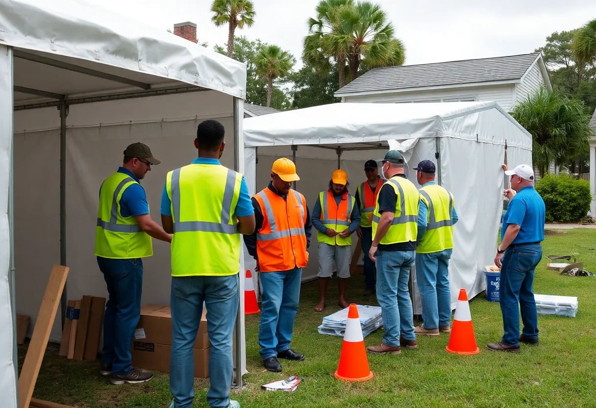 Community volunteers constructing portable hurricane relief shelters.