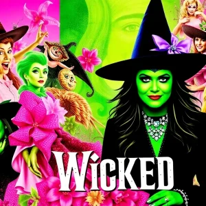 Colorful marketing campaign for the Wicked movie featuring Elphaba and Glinda.