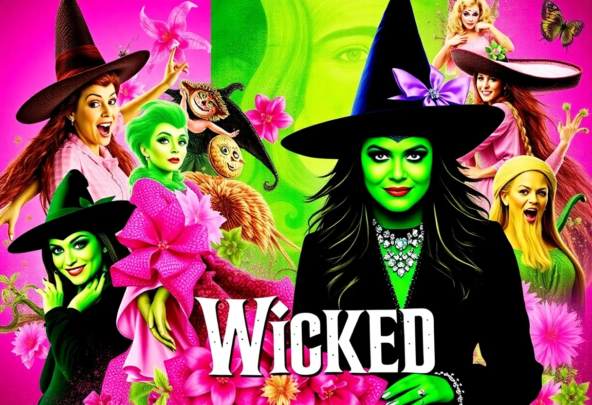 Colorful marketing campaign for the Wicked movie featuring Elphaba and Glinda.