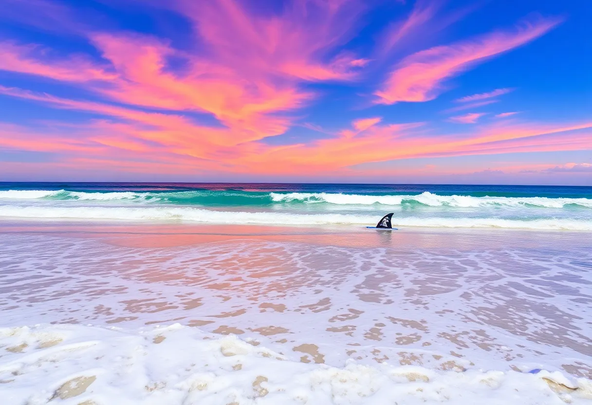 Vibrant beach scene with surfers and distant shark fin.