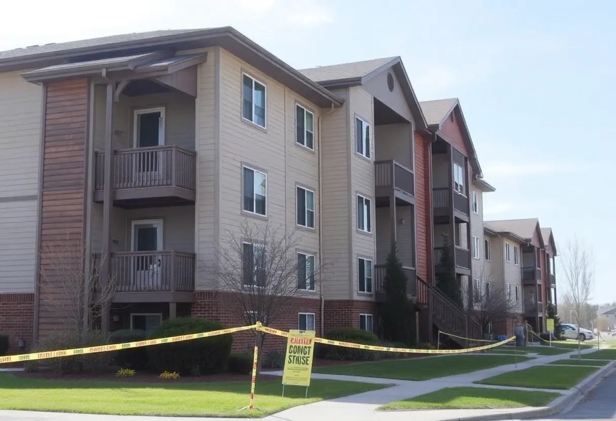 Serene apartment complex with police tape and caution signs.