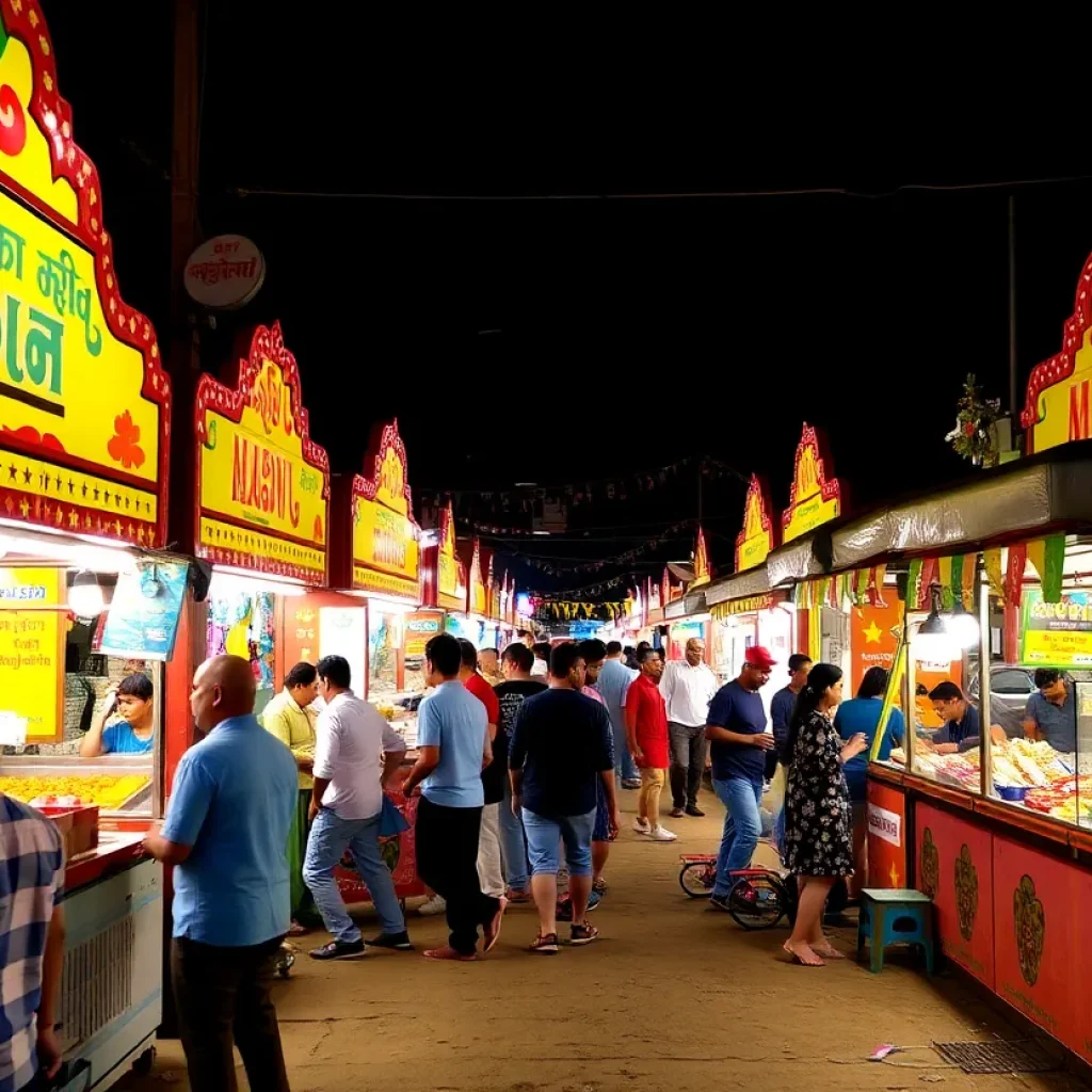 Colorful food stalls at a vibrant state fair.