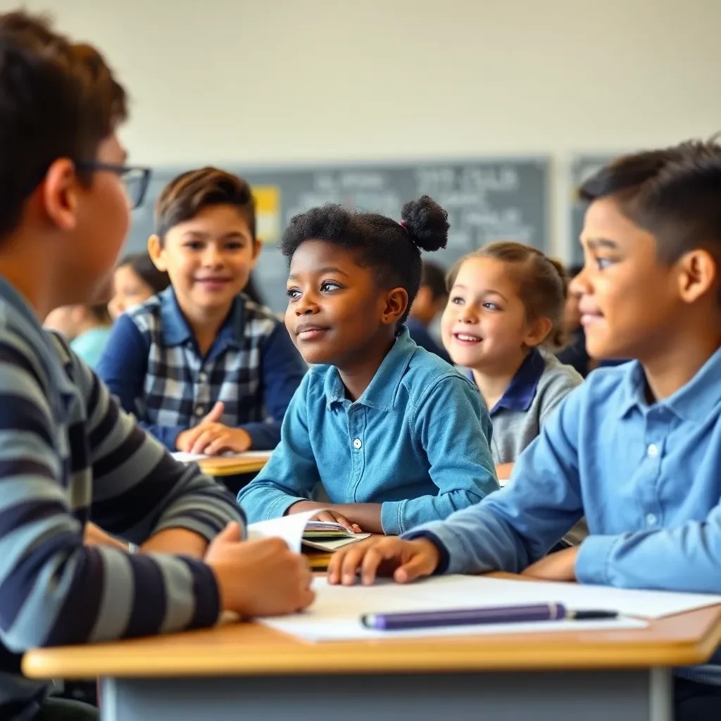 Classroom setting with diverse students engaged in learning.