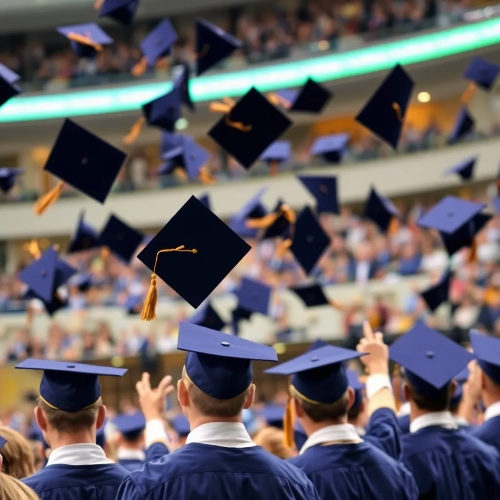 Caps thrown in celebration at a graduation venue.