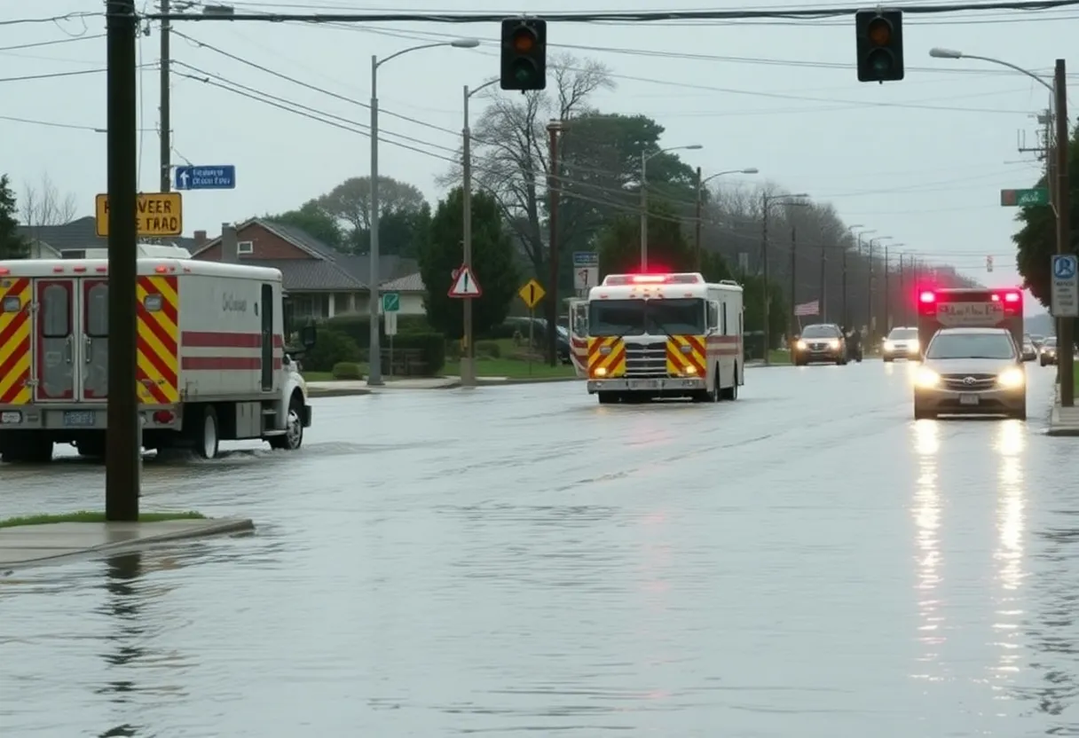 Flooded streets with emergency response vehicles and signage.