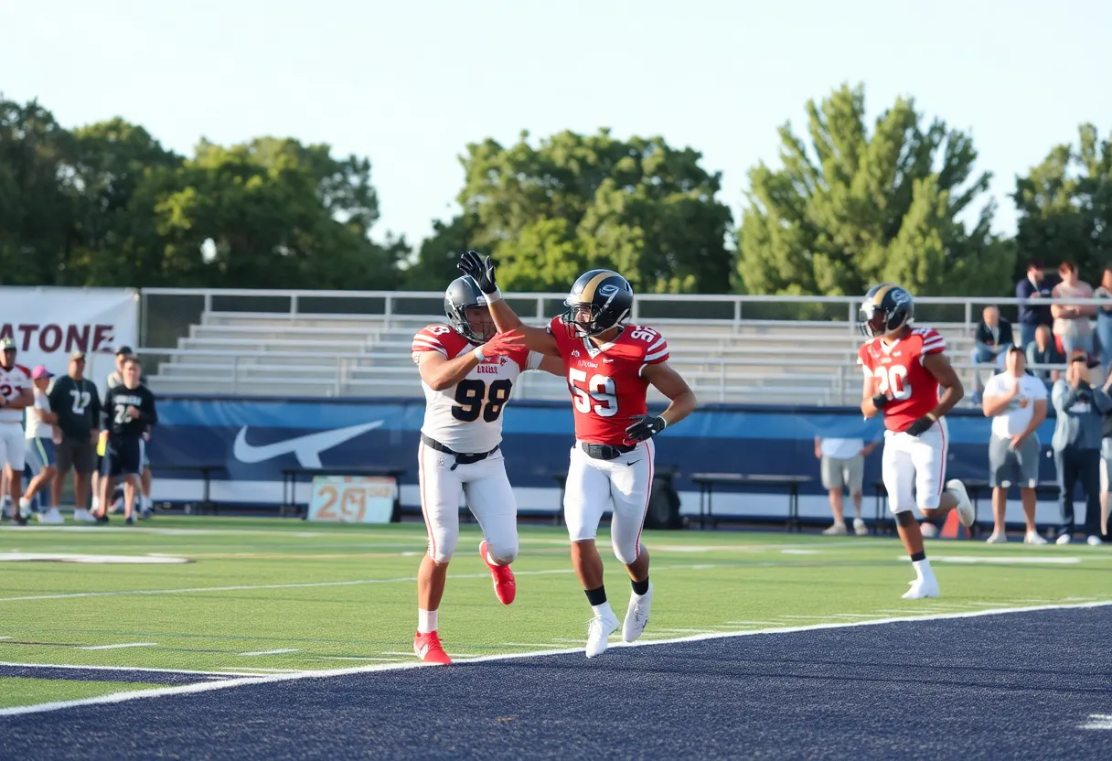 Football players celebrating a goal-line touchdown on field.