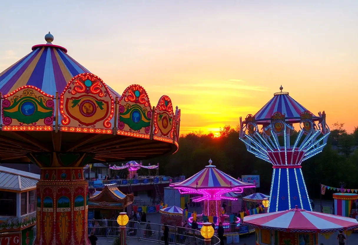 Colorful carnival rides with festive decorations at sunset.