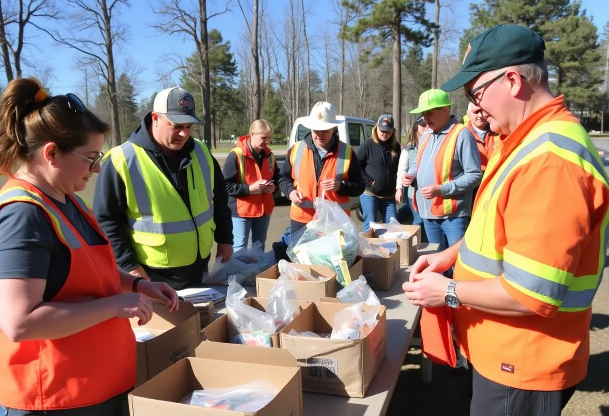 Community volunteers preparing wildfire safety kits outdoors.