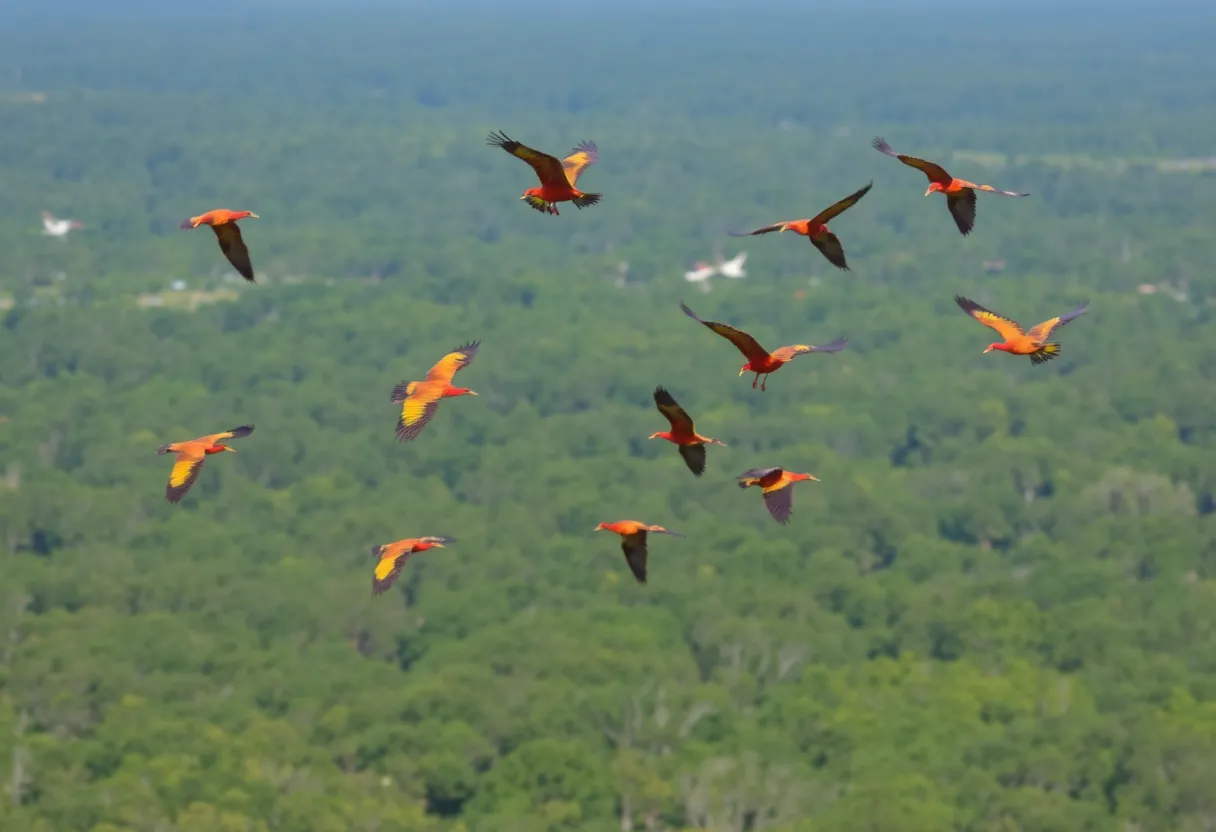 Vibrant birds soaring over a lush South Carolina landscape.