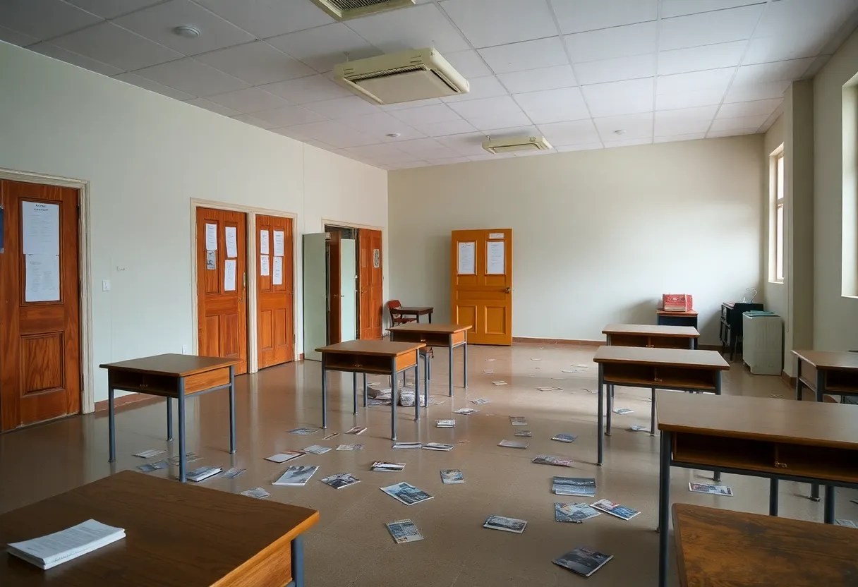 Empty school classrooms with closed doors and scattered books.