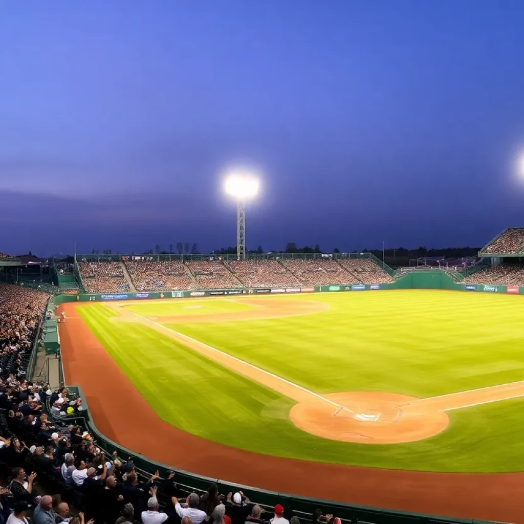 Baseball field with stadium lights and cheering fans.