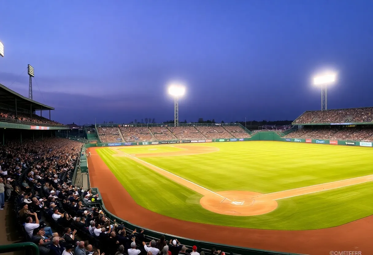 Baseball field with stadium lights and cheering fans.