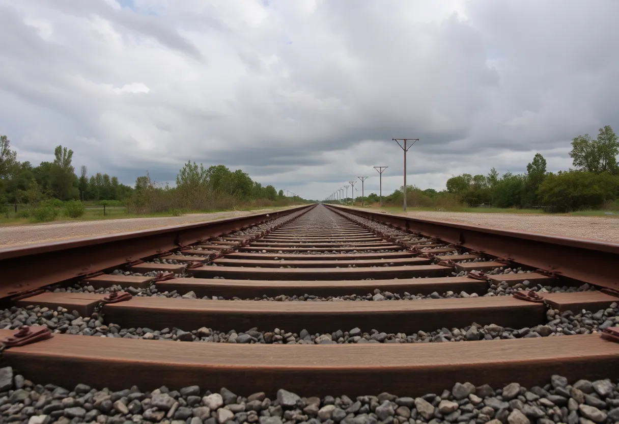 Abandoned train tracks under a cloudy sky.