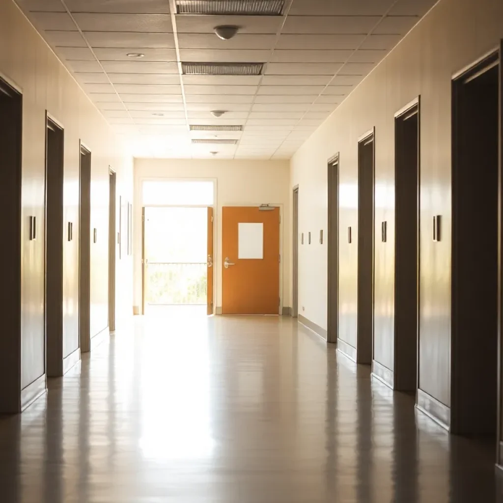 Empty institutional hallway with open doors and sunlight.