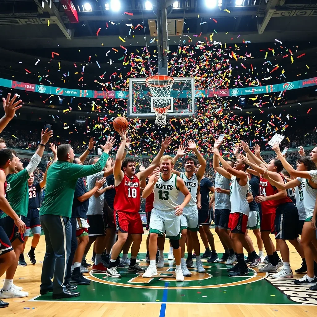 Basketball court celebration with team colors and confetti.