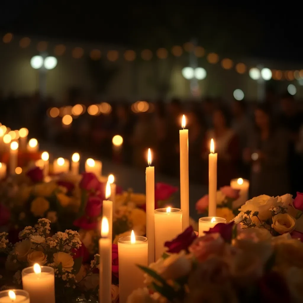 A candlelight vigil with glowing candles and flowers.