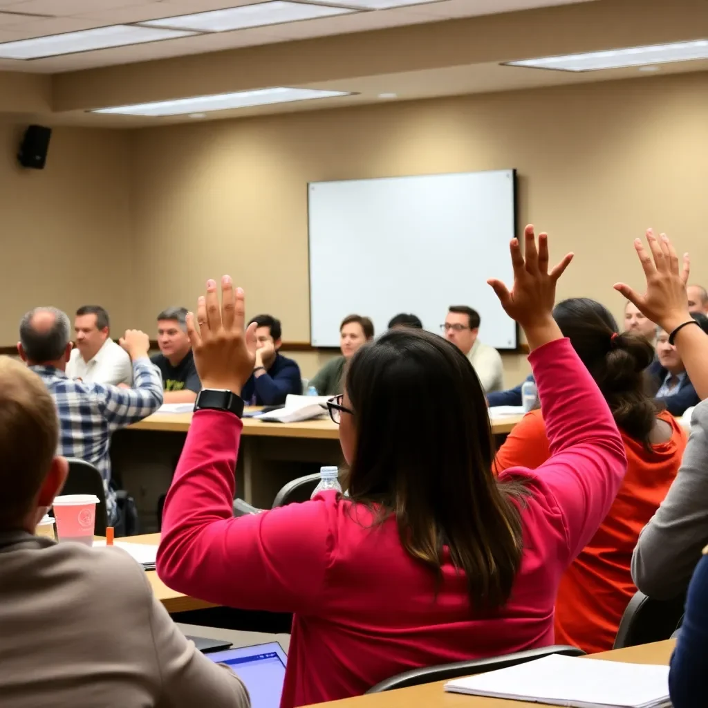 Diverse school board meeting with tense discussions and raised hands.