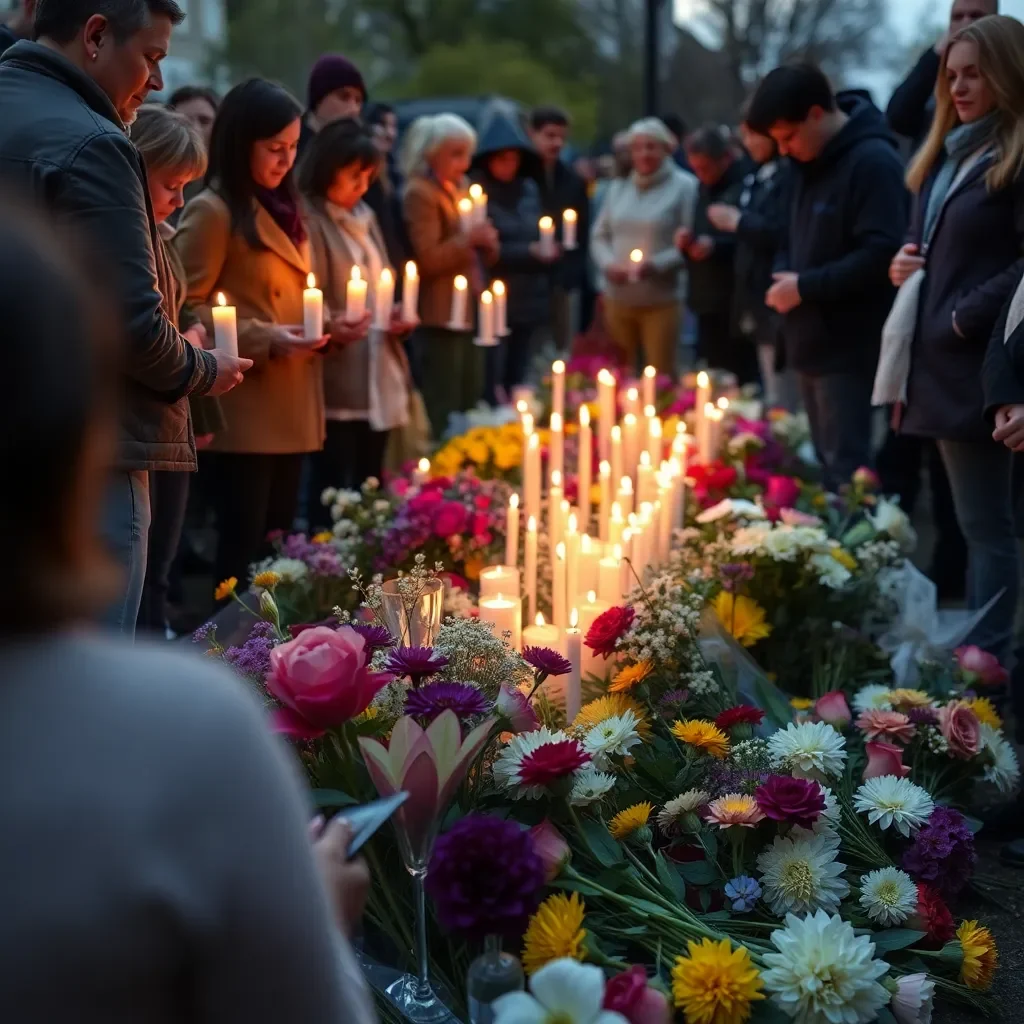 A community gathering with candles and flowers in memory.