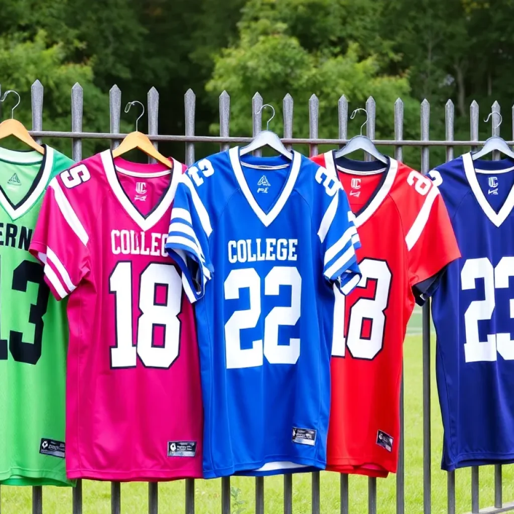 Colorful college football jerseys hanging on a fence.